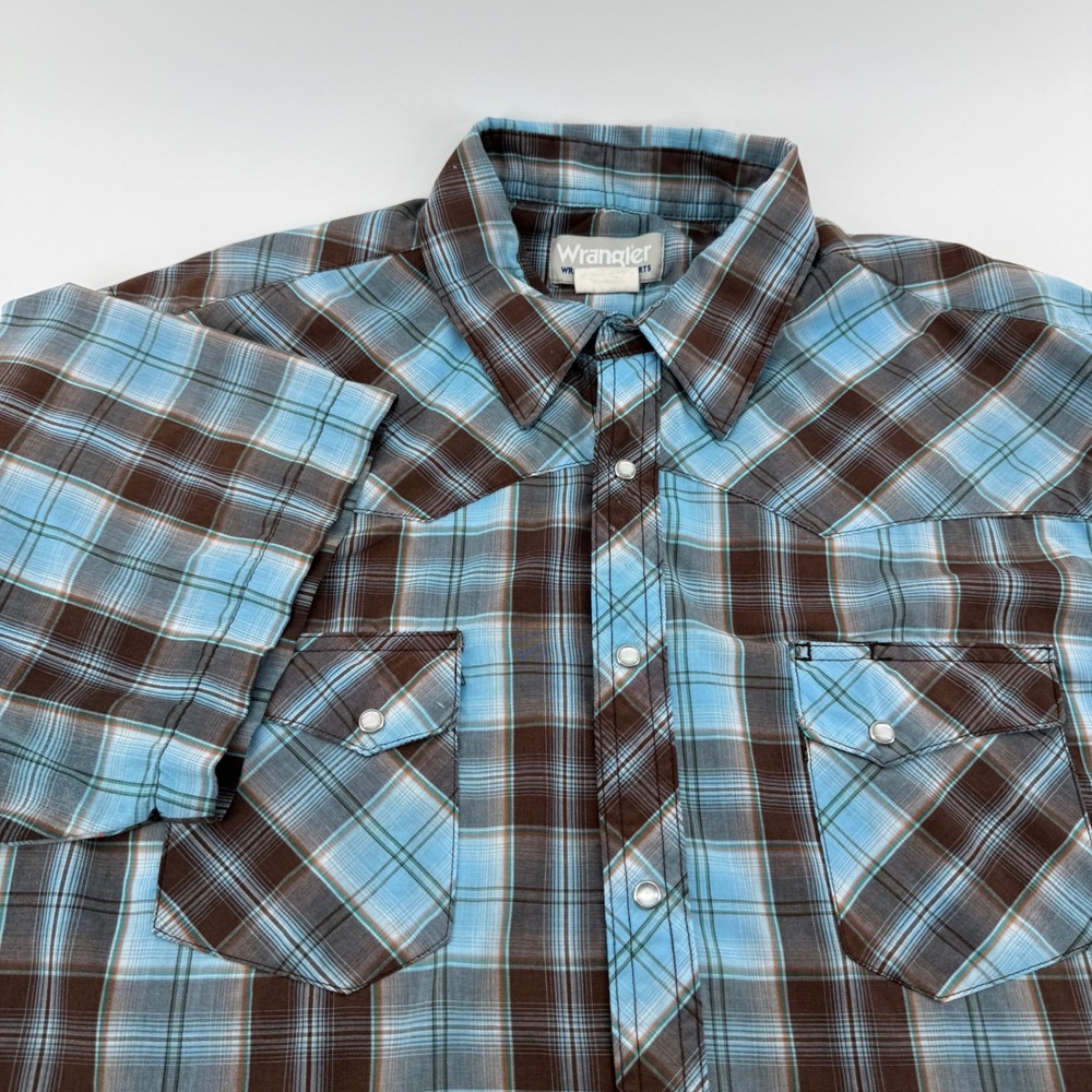Wrangler Wrancher Mens XL Blue Brown Plaid Short Sleeve Western Pearl Snap Shirt